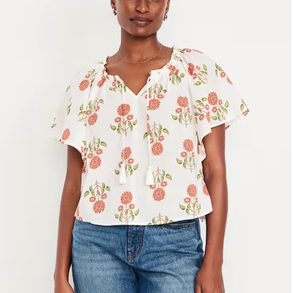 Old Navy Flutter-Sleeve Tassel-Tie Top Block Print